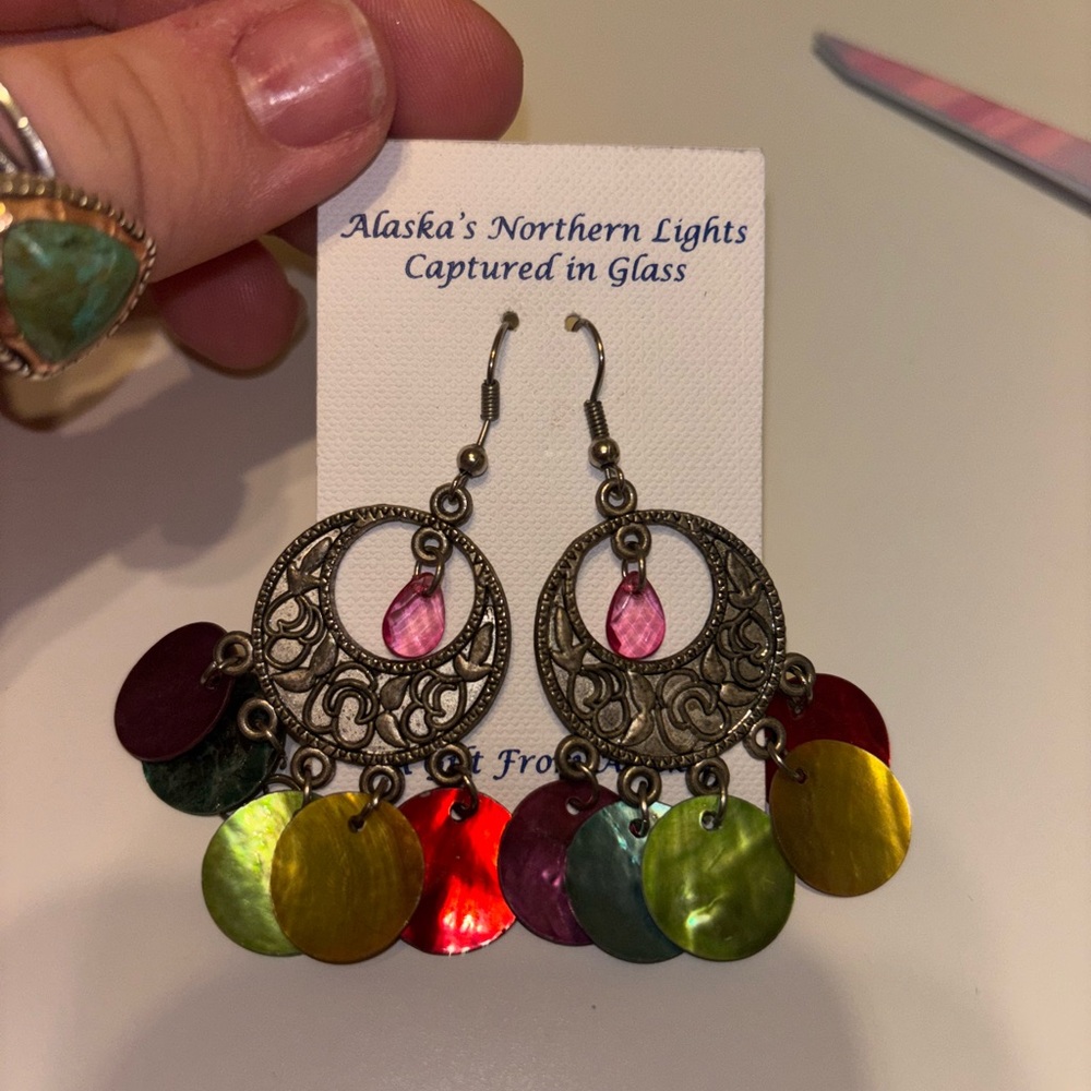 Pink and Red Chandelier Earrings with Ornate Metalwork